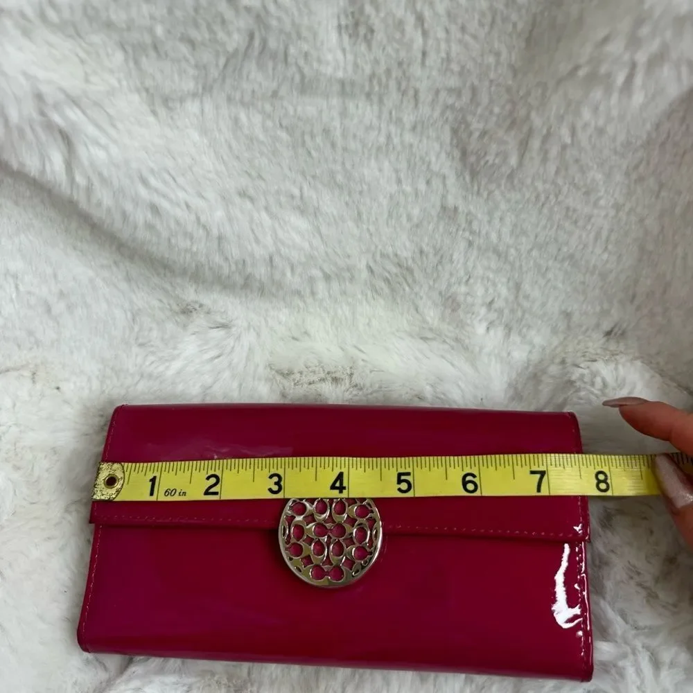 COACH Laura Fuchsia Patent Leather Metal Logo Trifold Wallet